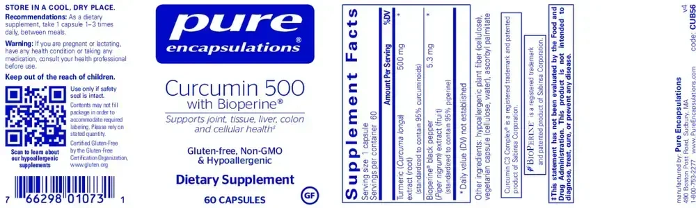 Pure Encapsulations Curcumin 500 w/Bioperine back