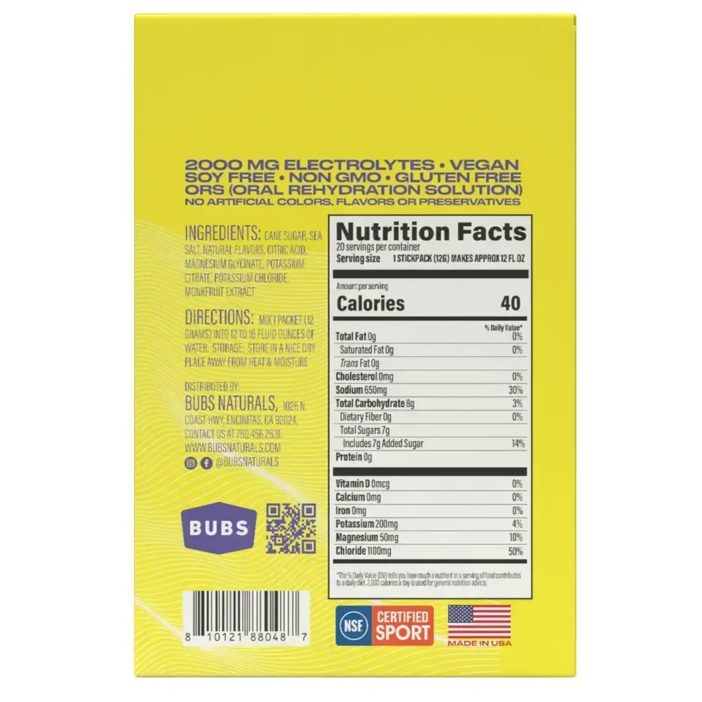 Bubs Naturals Hydrate or Die Electrolytes- Lemon back