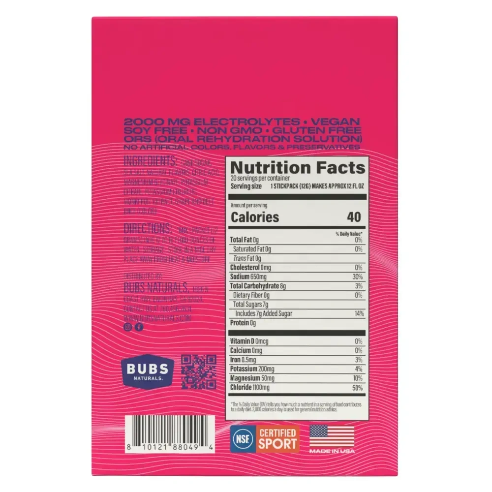 Bubs Naturals Hydrate or Die Electrolytes- Mixed Berry back