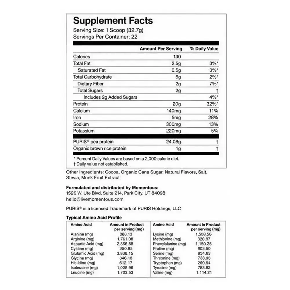 Momentous 100% Plant Protein- Chocolate label