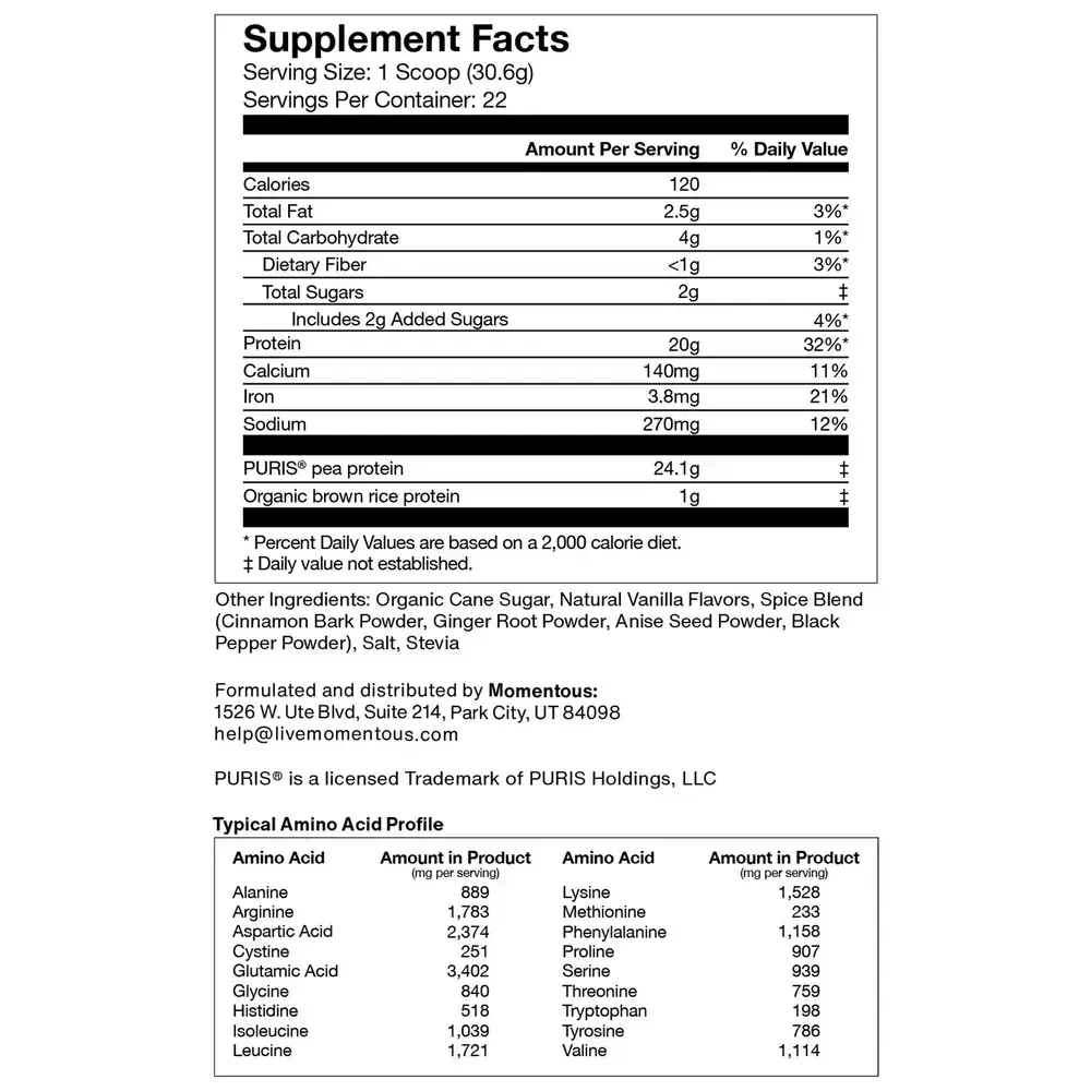 Momentous 100% Plant Protein Vanilla Spice label