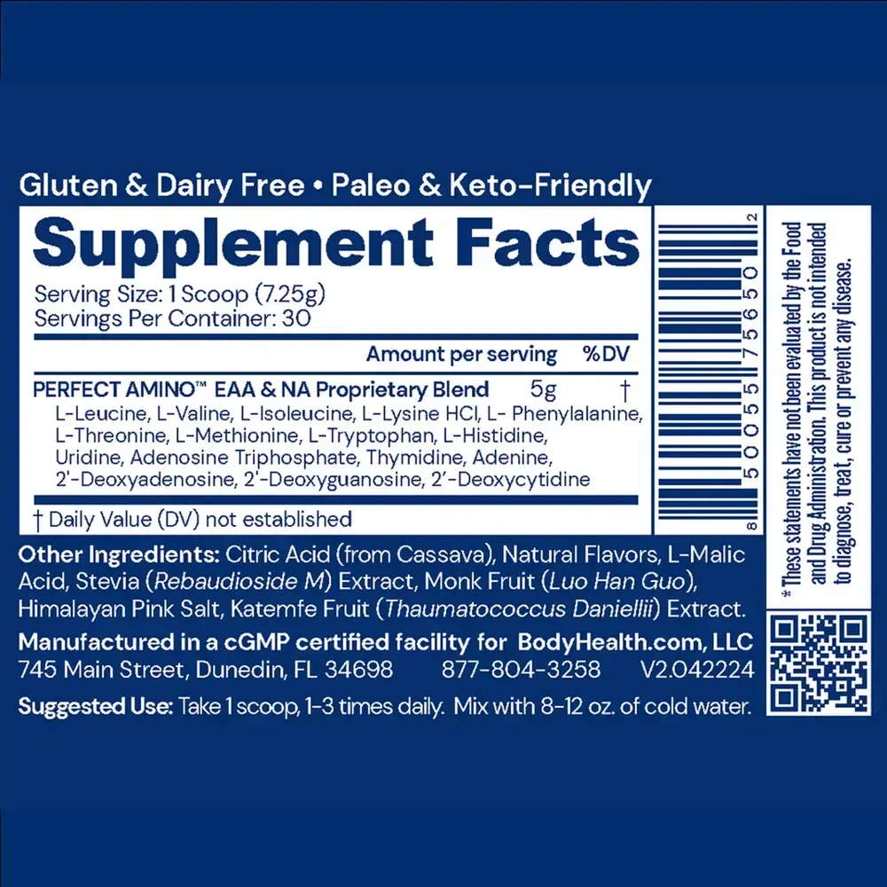 BodyHealth Perfect Amino Powder- Strawberry label